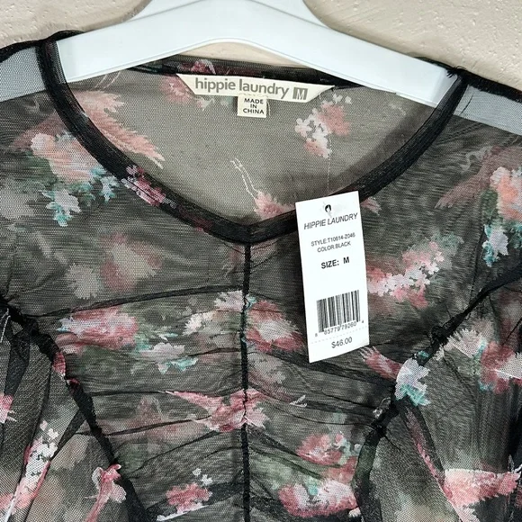 NWT Blouse Hippy Laundry black pink sheer ruched medium flamingo - Picture 4 of 8